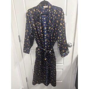 Vintage Victorias Secret Gold Label Celestial Sun Moon Navy Blue Silk Robe L